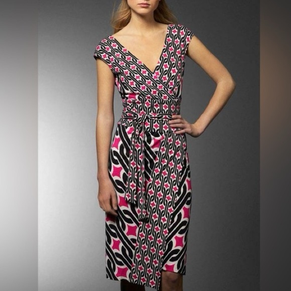 Diane Von Furstenberg Pink and Black Geometric Midi Dress 10 - Picture 2 of 13